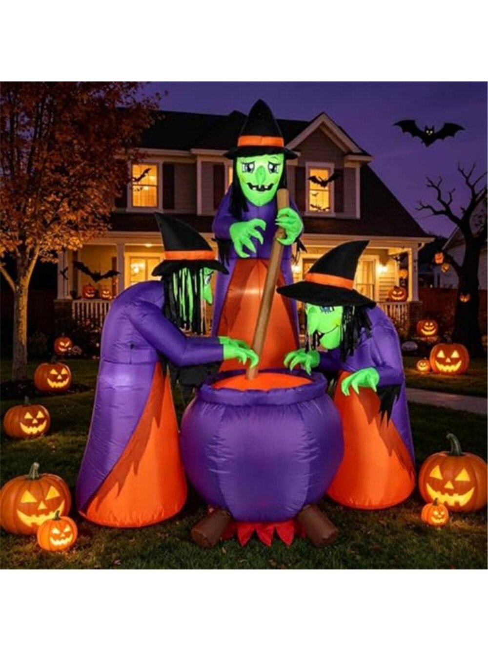 6 FT Halloween Inflatables with Built-in LEDs, Three Witches Around a Cauldron